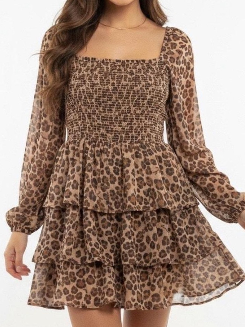 Express cheetah print brown layered ruffle mini smocked dress size S